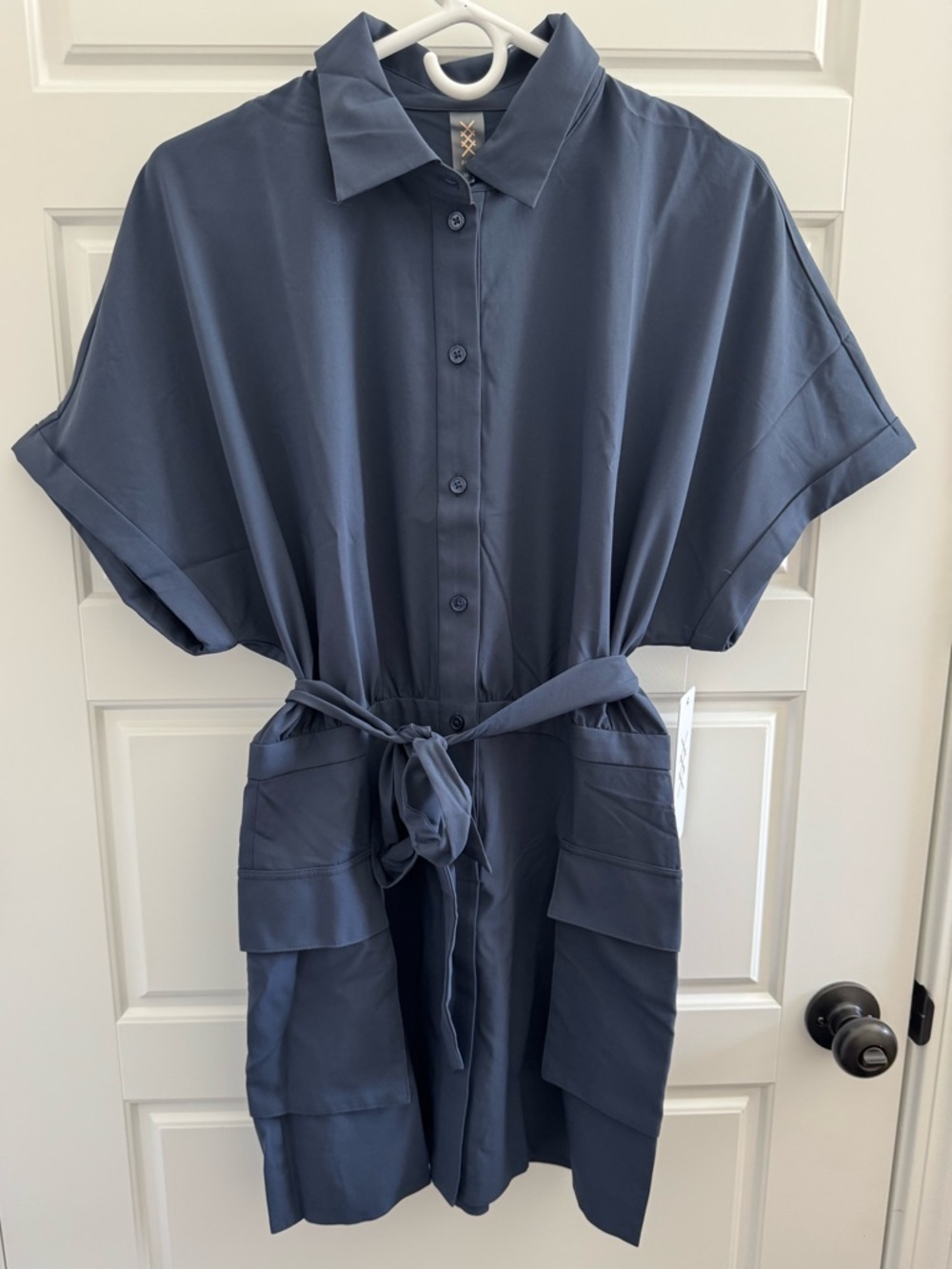 RHONE Navy Button-Front Belted Shirt Dress